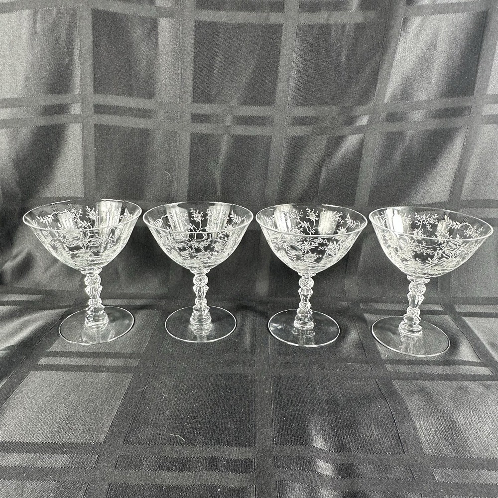 4 Fostoria Crystal Chintz 4 3/8" 6 oz. Sherbets 1940s Vintage Stunning